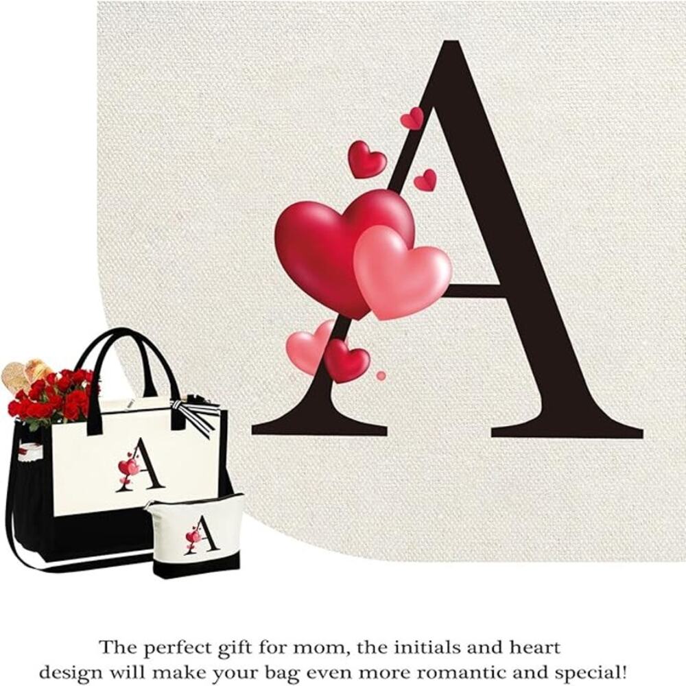 Initial Letter "J" Canvas Tote Bag & Makeup Bag Beach Bag with Many Hearts - Picture 3 of 4